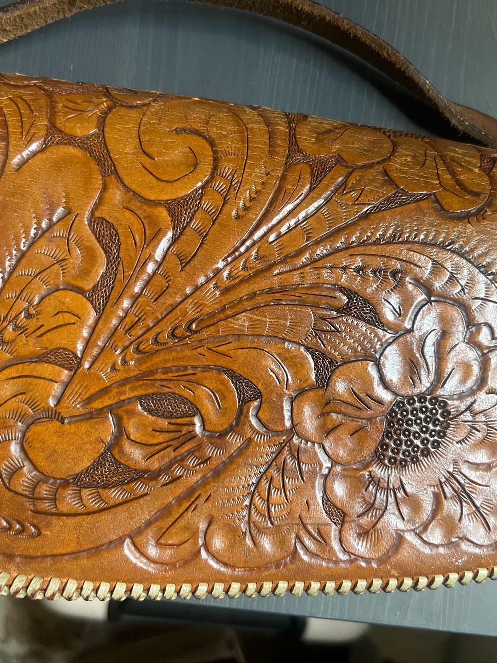 Hand-Tooled Floral Leather Crossbody Bag in Tan - Picture 2 of 6